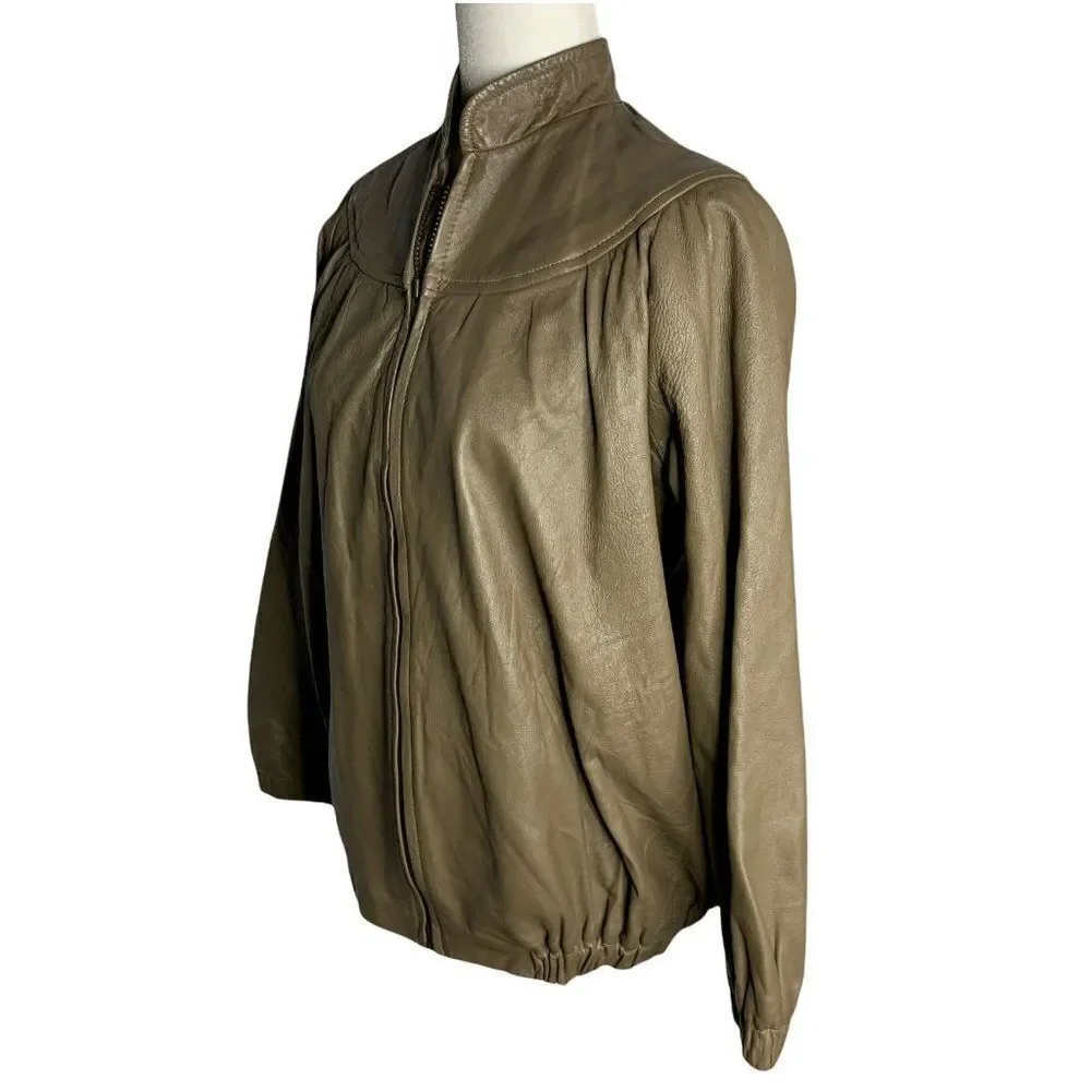 Vintage 70s Leather Jacket S Brown Full Zip High Collar Pockets Lined Union Made